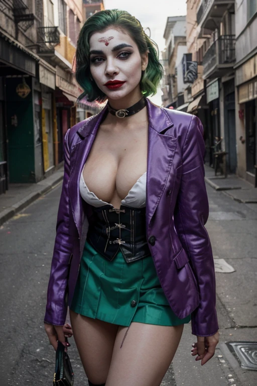 Create an image of a Indian female version of the Joker from Batman. on the city street, cinematic light, beautiful woman, skinny, medium breasts, detailed face, smile, facing the camera, photo taken from a distance, with bright green hair styled in a wild and unkempt manner. Her makeup should include white face paint, dark, exaggerated eye makeup, and a red smile that extends beyond her lips, red lipstick extends her lips reaches her chin creating a smile curve, similar to the classic Joker look. She should be dressed in a stylish yet eccentric outfit, combining elements of the Joker's traditional purple suit with a feminine twist, such as a tailored purple blazer, green corset, and short skirt. (Skirt lift), lifting skirt in one hand), (???????? visible), (private hair), Add accessories like gloves, a cane, or playing cards to enhance her villainous persona. The background should be a dark, Gotham City alleyway, with a hint of graffiti and a moody, atmospheric lighting, white face painting, red smile, green hair