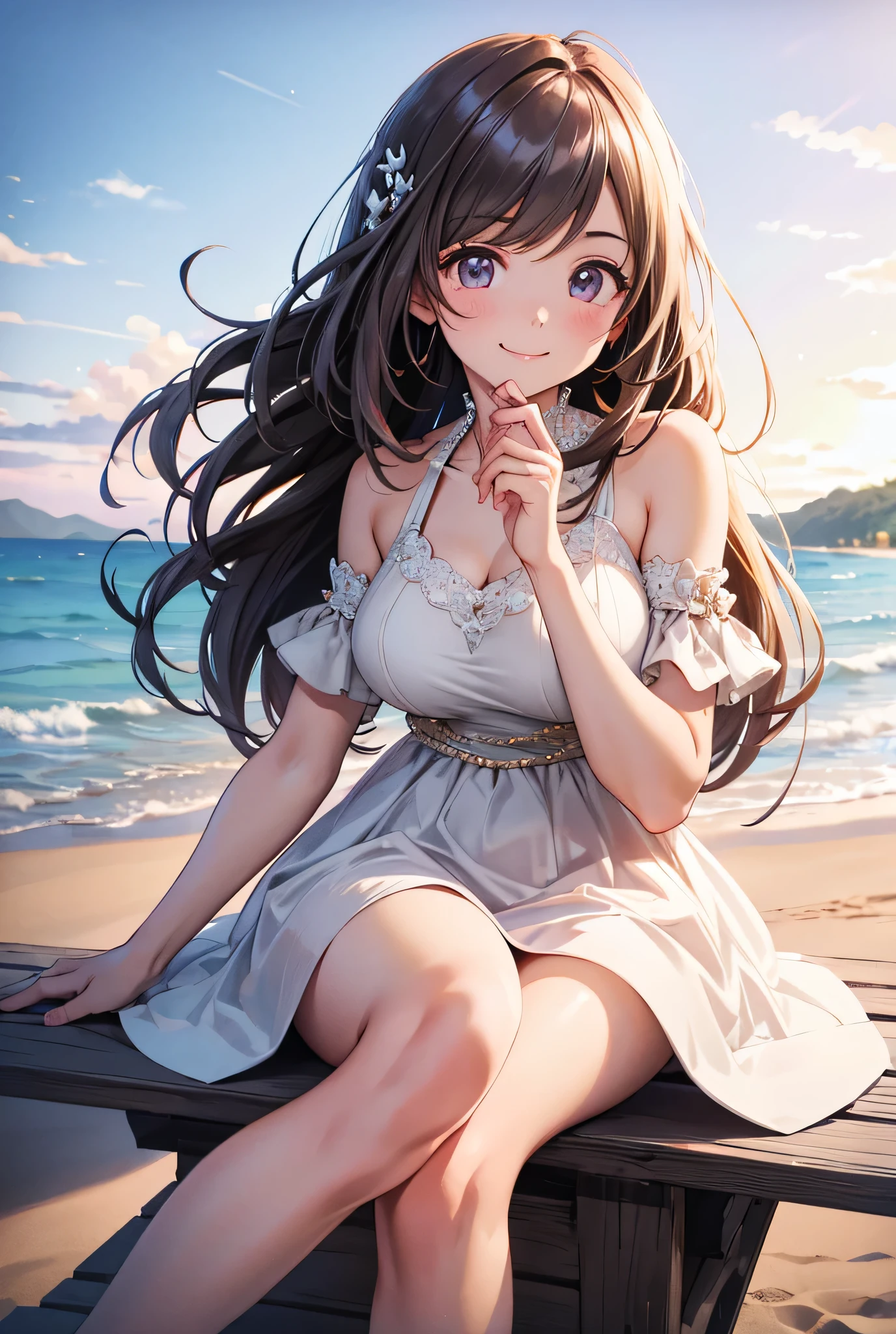 unbelievably detailed, absard dress, ultra-highres, super detailed, top quality,
1 girl, solo, nice hands, perfect hand,
break princess, one piece dress at the beach,
happy smile, smiles, look,
sitting,
from below, cowboy shooting,
Breakslender , cute, perfect symmetrical face, super cute girl, super cute face, Super Precise Eyes, super detailed髪, super cute, Extremely beautiful, Tsukioka Koisho ,
BREAK
on roof of 城, Depth of Field,