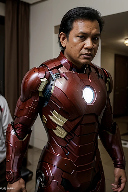 4k, Best quality, masterpiece, ultra high res, beautiful lighting, (realistic, photo-realistic:1.4), realistic background, jokowi, 1man, 50 years old, serious, ironman open mask, standing potrait photo, Long shot, wide shot, full shot
