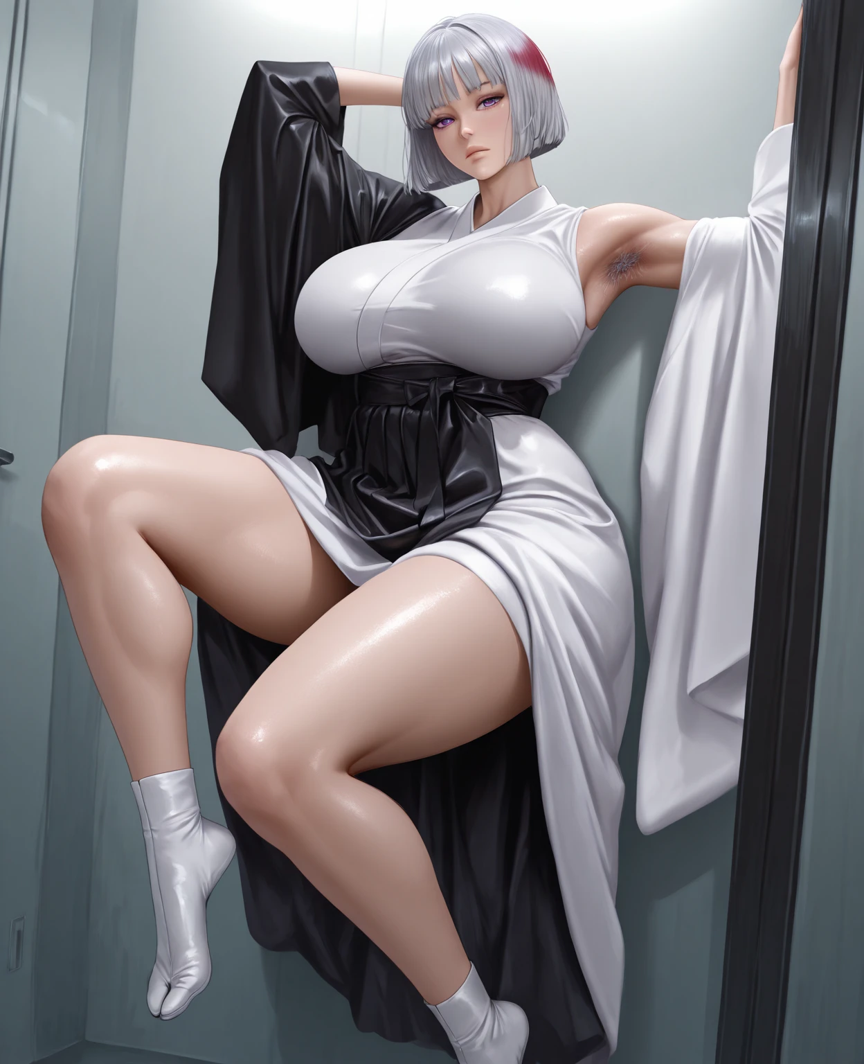 (masterpiece best quality), Realistic, (Real picture, Intricate details, Depth of field), (1girll, Solo), Mouth open,seductiv, highly detailed, Perfect face,Refined face (gigantic cleavage breasts:1.3), (skin indentation), (Love hostels),The body is damp,Heartbeat viewpoint,Thick thighs, Wide hips, Small waist, facing at camera,Seductive gaze,legs are open,Proselyte,Raised sexy,Open your feet,Mature face,a matural female,Gorgeous Hair in Long Purple,Erotic clothing,open waist,Milky white light、dairy cattle、Graffiti on the inner thigh,Used condom decoration,Meat urinal