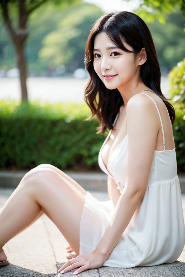 (8k, best quality, masterpiece:1.2), (realistic, photo-realistic:1.5),1girl, (short) (gorgeous) ,cute, sitting, outside,(smile:1.15), (closed mouth) huge breasts, beautiful detailed eyes,  (translucent tiny dress: 1.4),full body, ((topless)),(open legs) ((best quality)),((ultra-detailed)), no underwear , no panties, nice background,  floating hair, naughty face, (big breast), (pretty_pussy) beautiful detailed body, detailed eyes,(best quality)