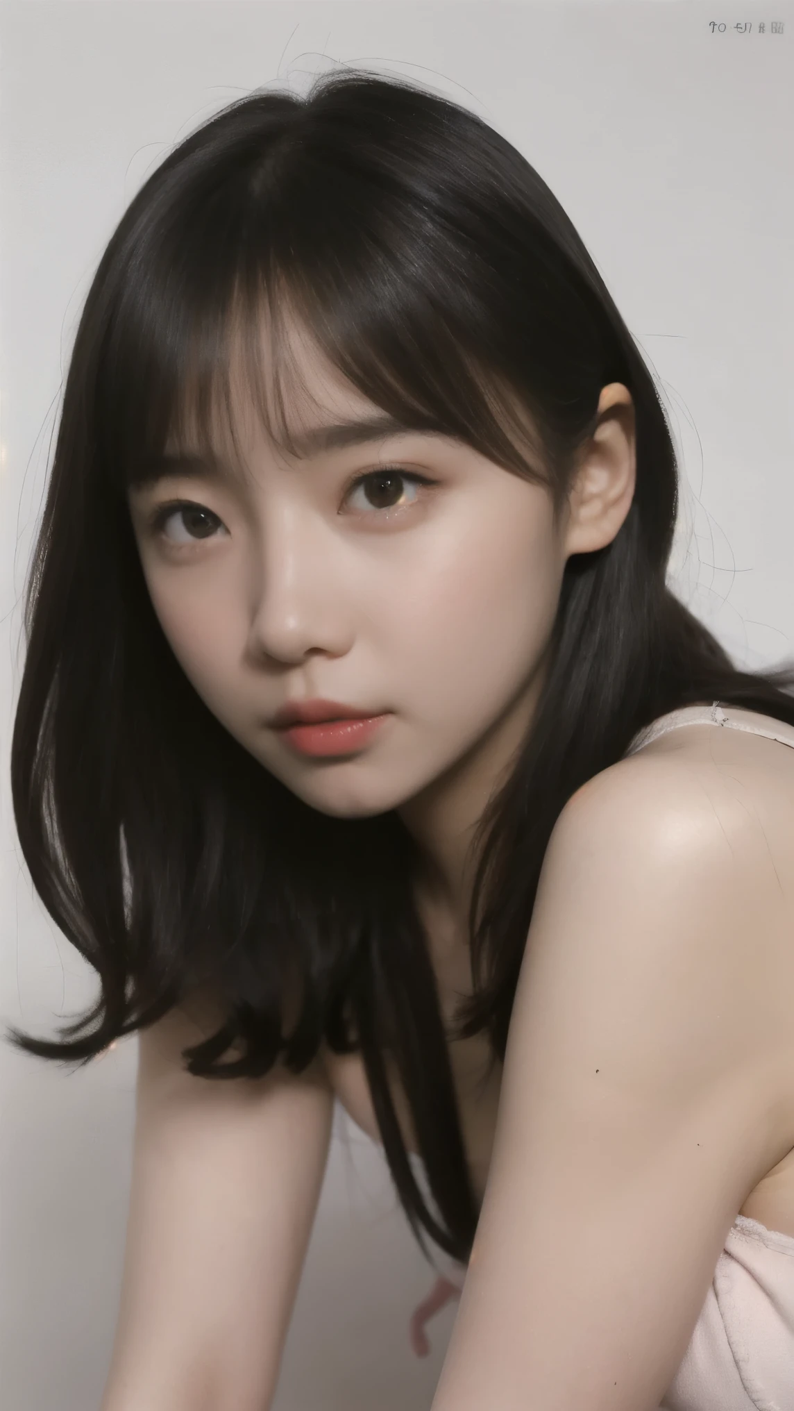 black hair、shoulder-length hair、naked、 pubic hair、かなり大量の pubic hairが見えます、small facing the front、B cup size side by side with naked men、saggy 、pink nipples、 grey background、face 、full body、Pictures up to about below the knee、nakedで、I have a lot of pubic hair、I'm opening my legs and showing my pussy