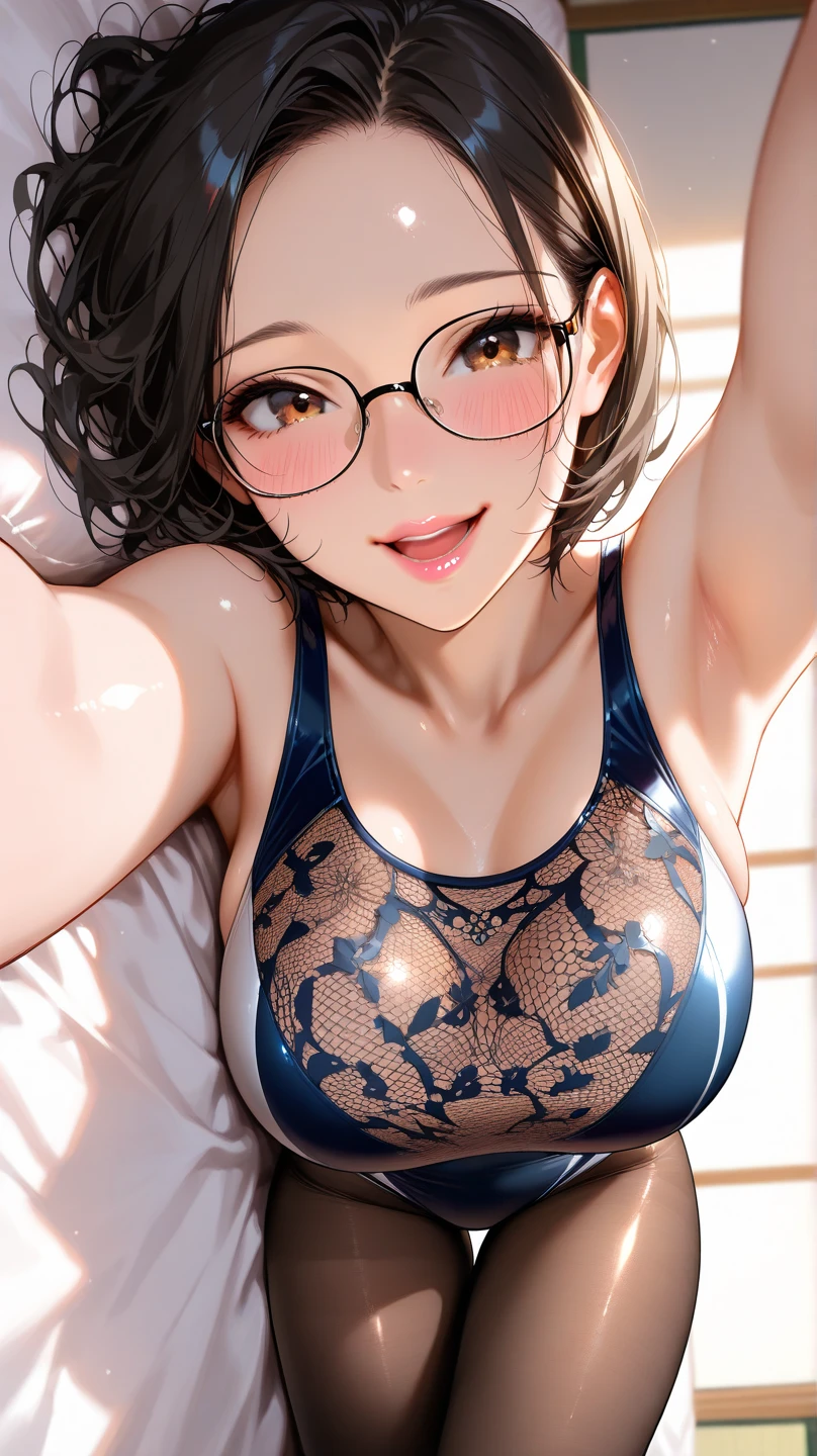 Adult female, highly detailed, glasses, short black hair tied back, blue eyes, smile, bedroom, sexy lingerie, non-nude, sfw, perfect eyes, high quality, nervous, sweaty, happy, blushing, laying on back