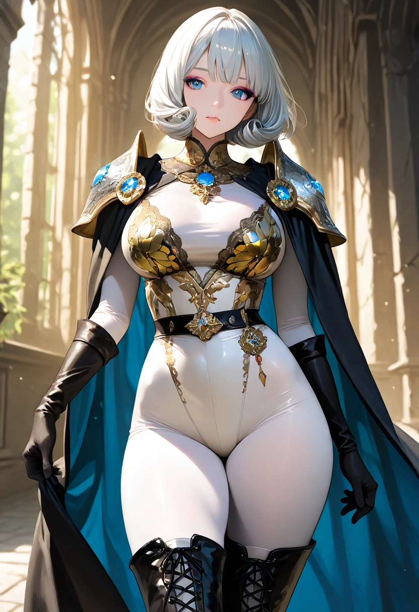 gwen tennyson,1girl,tracer,bulma,rebecca chambers,overwatch,atelier ryza,close up,fantasy castle view,tattoos,blue and white plugsuit,white short sleeve knight top,snowflake embroidery knight armor, Glossy enamel lycra micro shorts,snowflake embroidery corset, short hair,princess makeup,green eyes, multicolored silver hair,(Glossy enamel long dress train) ,fierce smile,freckles,beautiful girl,knight thigh high boots,large breasts,8k,ultra detailed,realistic,fantasy art,royal knight uniform,snowflake hair pin,ear piercings,snowflake hand and neck jewelry,(weather:windy),long royal blue knight cape,holding a crystal sword,petals flying, (chubby:1.2), , (Thick thighs:1.2)