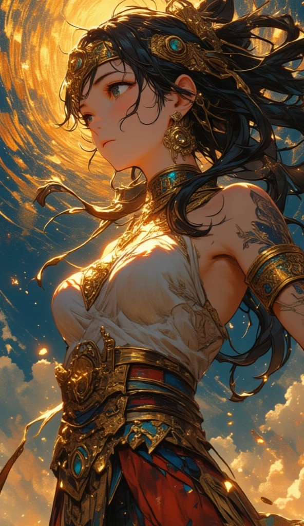 (masterpiece, top quality, best quality, official art, beautiful and aesthetic:1.2), (1girl), extreme detailed eyes, (fractal art:1.3), colorful, highest detailed, (perfect face), shiny skin, HDR, (white cloak golden lines:1.2), galaxy, (light streaks), striking visuals, (dynamic streaks, luminous trails:1.2), vibrant colors, (phoenix), (dragon)