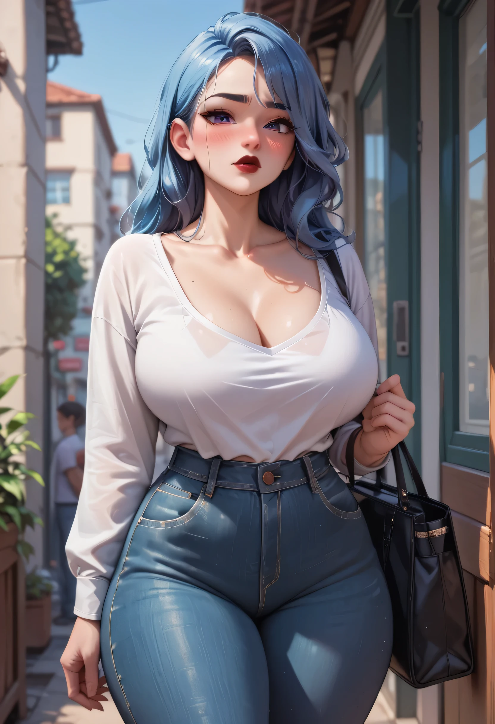 1 girl named Sarah with long blue hair, dyed loose hair, Long hairstyle, perfect detailed face, Young pretty white girl, Hot-top model, Detailed symmetrical light green eyes with round irises......, Beautiful, Walking and posing, Look at the observer, 19-year-old girl, looks like Madison Beer, extremely detailed face, Model, Realistic, Real life, perfect photorealistic picture, Realistic, hourglass figure, Stunning realistic photography, Detailed fingers, detailed realistic face, Soft fingers, real human nails, Extremely attractive girl, perfect detailed tan, small eyes, perfectly detailed face with realistic complexion and finely porous skin, small nose, Model, Perfect posture, Natural limbs, long legs, detailed symmetrical eyeballs, symmetric eyes, Realistic eyeballs, Realistic detailed eyes, cute plump closed lips, makeup, no long neck, no long waist, Perfect proportional body, seductive gaze, Looking in the direction of the viewer, Fascinating facial features, ah high, two arms, Two legs, one head, tiny breasts, realistic natural bodies, realistic shadows, Mystical epiphany, 8K, UHD, ((body facing the viewer, Pointing at the camera)),
"wide-angle", Full-body shot, full pose, (photo studio white background), seduce a little, Cinematic world, Cover photo in the center of Hipereallistic, Stunning full-color, Cinematic, neoprene, behance contest winner, portraite of a, presented at UnsplasH, stylized digital art, Smooth, extra high resolution, She is wearing a large white long T-shirt and black Acronym J36-S sweatpants....... (T-shirt only white), black and white sneakers, (((overhead view))), instagram model, 80mm , Streetwear , Realistic,round by