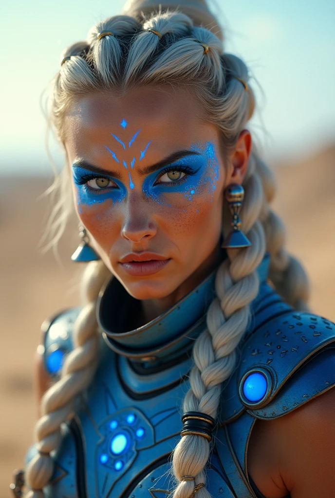 Jeune femme de 25 ans, visage fin, cheveux long, cheveux blonds, yeux bleus, HD, 8K, masterpiece, sourire romantique, sexy, metal lingery, guerrière viking, celtic tattoo, at night, aurore boreale, milky way