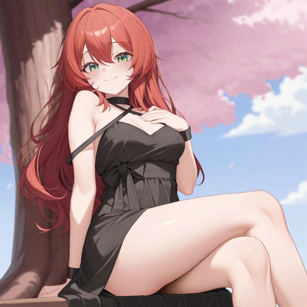 21-years old woman, red hair combed to the left side, black eyes