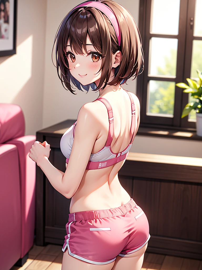 (high quality, 4k, realistic), a girl wearing a high school gymnastics uniform, doing sports, with a ponytail, just after taking a bath, sweating, female masturbation, on the bed, spreading legs, ((masterpiece)), 1 girl, small breasts, shaved pussy,クパァ