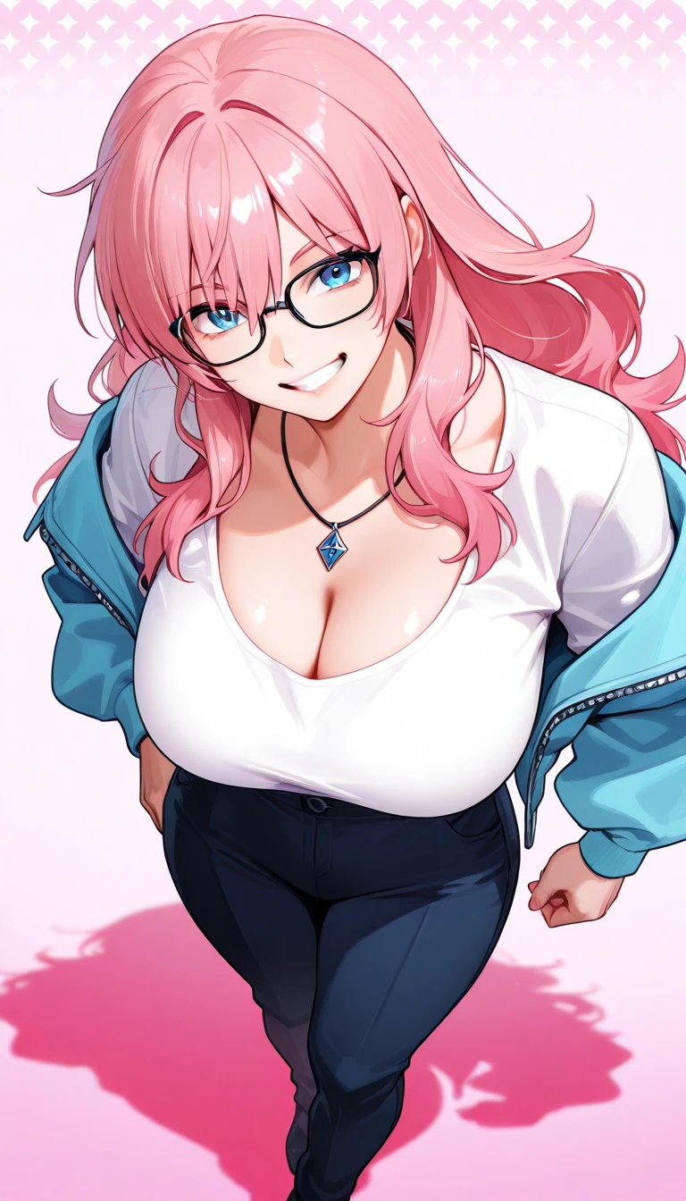 1girl, pink hair, beret, blue shirt, scarf, wavy mouth, shy, timid, wavu hair, long hair, shirt, skirt, miniskirt, pantyhose, huge breasts, thick thighs, black pantyhose, green eyes, red glassea, glasses, mature female,