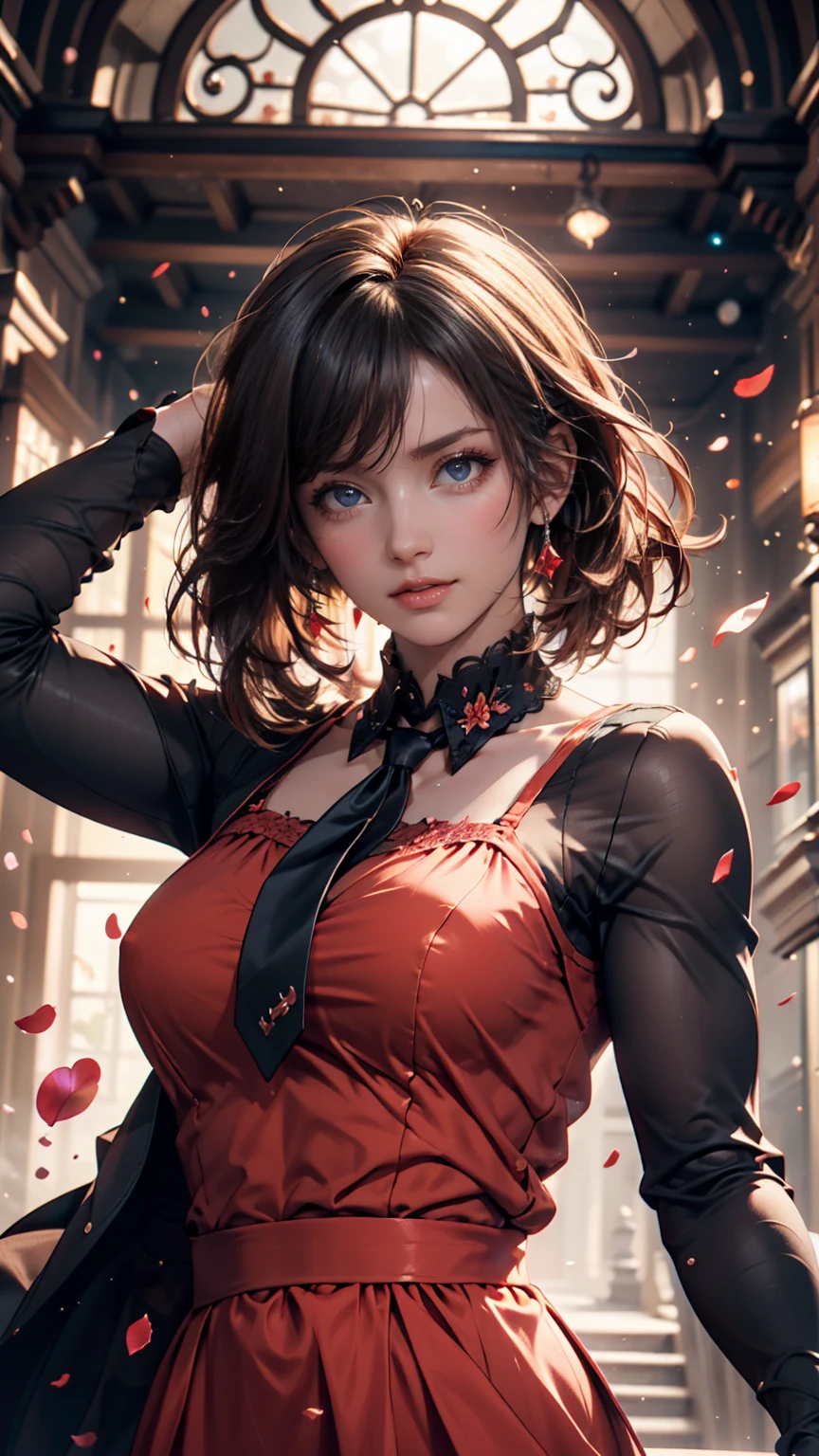 One creates a girl with dark red hair and blue eyes, beautiful, thin, flat, may be wearing a businessman's uniform, with short bobbed hair, ((white sheer blouse, black miniskirt)), underwear bite, sexy pose, lower body slender, behind the woman there are windows showing various buildings in the city (absurd, high resolution, super detail), carrier woman