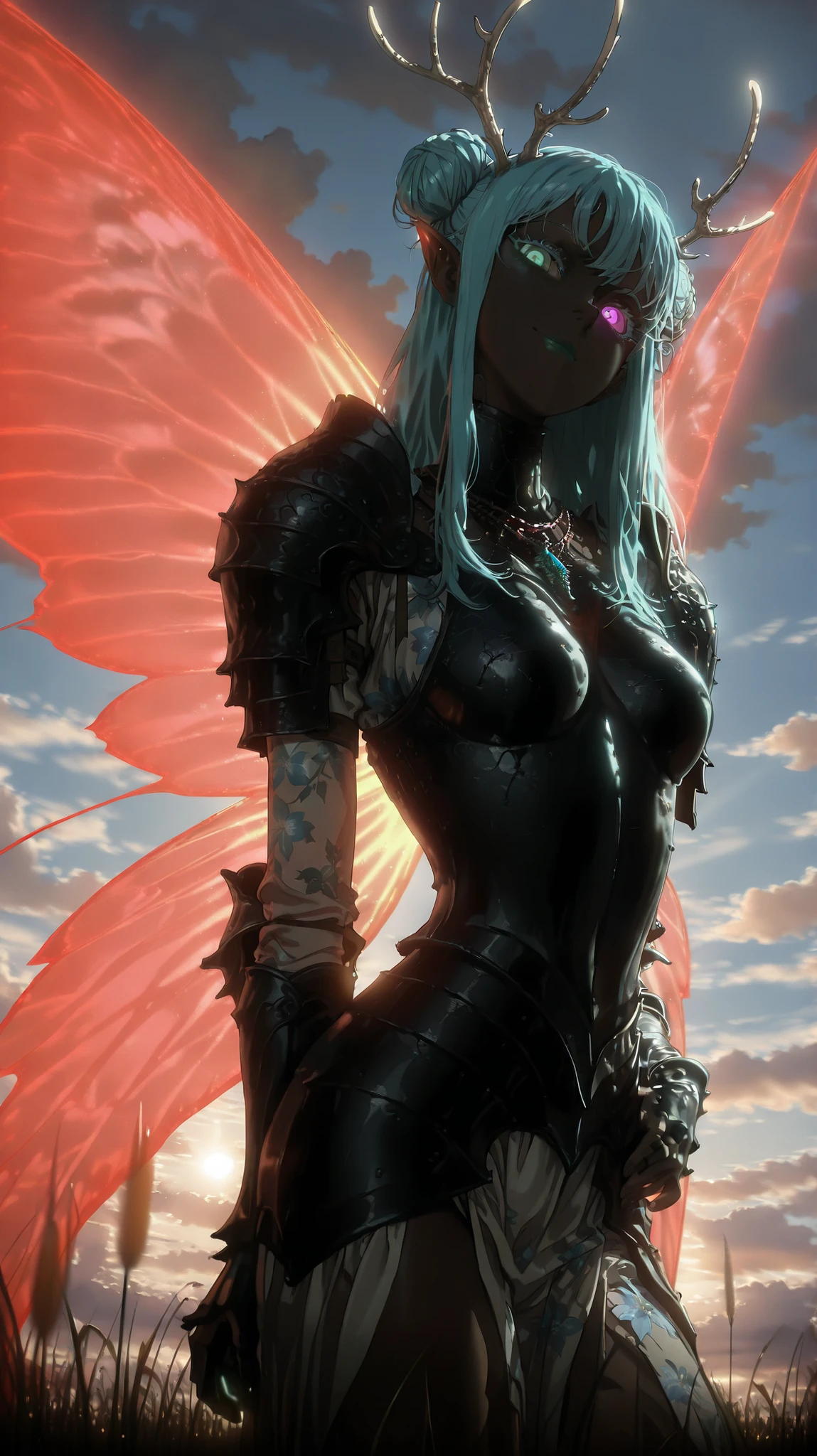 1girl, , skinny, solo, , antlers, looking at viewer, head tilt, smile, blue hair, long hair, double bun, very dark skin, (heterochromia), green eyes, purple eyes, glowing eyes, closed mouth, (blue eyelashes), , vambraces, pointy ear, necklace, armor, green lips, hand on , fairy, wings, fairy wings, (glowing wings), shoulder armor, fantasy, breastplate, armor, cuirass, floral print, pauldrons, outdoors, sky, flowers, reeds, sunlight, clouds, sensitive
,masterpiece,best quality,amazing quality,
dark_art_style