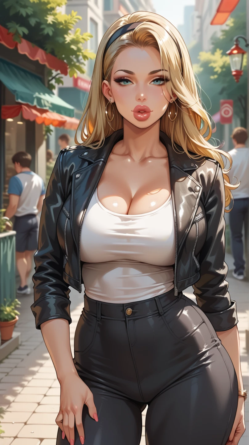 (best quality:1.3), (4K quality),masterpiece, best quality, high res, detailed, (Detailed face:1.2), (Detailed eyes:1.2), (4K quality), mature and alluring 36 year old woman, standing at approximately 5'1" tall, has long blonde hair, wavy hair, has tan-olive skin, light green eyes, has a beautiful smile, ((slim, petite)), her breasts are C-cup, (Is wearing a yellow off-shoulder top, glossy black leggings, emerald earrings, silver bracelets and white sneakers), is wearing pink makeup, is wearing red lipstick, she's holding a cell phone