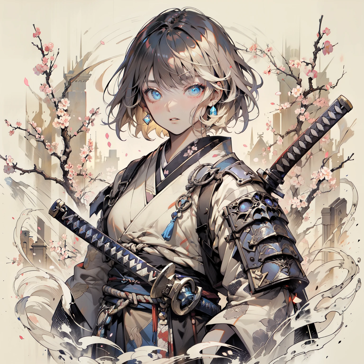 An female warrior with short ombre hair and soft bangs. She wears a a modernized battle kimono. Her eyes glow faintly blue with determination. She holds a wrapped katana in one hand. with blends cherry blossoms with gothic ruins, standing amidst a flame whirlwind of doodle-style, limited color palette (e.g., sepia, black, and white with a touch of blue), intricate line art, and anime aesthetic