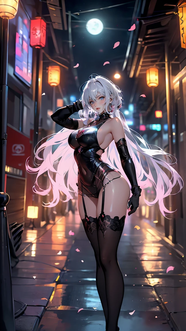 1girl under the rain, android girl, half futuristic armor, half transparent lingerie with stockings and garter belt, bustier with lace bra, wet nipples visible through bra, wet clothes, wet body, slim body, purple ultra detailed eyes, wet pink and white hair, extremely detailed face, perfect facial symmetry, perfect body, on an unknown planet, in the background futuristic spaceship, outside under the rain, side view from rear, look at the viewer concept art, digital painting, cinematic lighting, dramatic shadows, vibrant colors, intricate details, hyperrealistic, (best quality,4k,8k,highres,masterpiece:1.2),ultra-detailed,(realistic,photorealistic,photo-realistic:1.37)