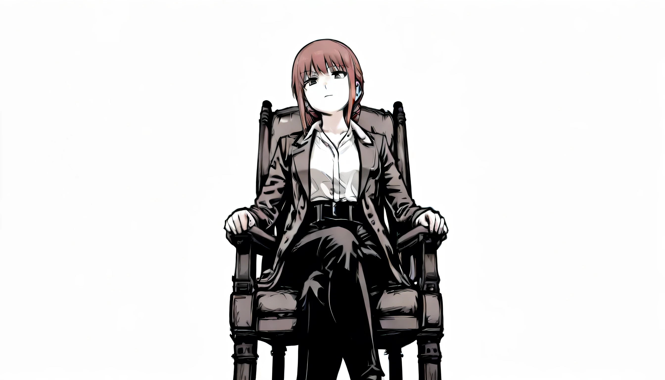 masterpiece,best quality,official art,extremely detailed CG unity 8k wallpaper，makima，wear the suit overcoat,wear the white shirt,面无表情，looking down from below，crossed legs from chair，not have background ，white background，