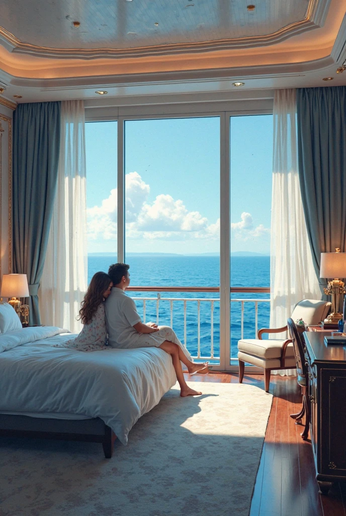 (Best quality, Ultra detailed, Golden ratio, Masterpiece:1.2), A classic luxurious bedroom, 2 naked females, round breasts, Persian rugs Crystal Chandelier lighting, extra large king size bed, high ceilings, Gold teal and cream colour scheme, realistic, realism, A small table made of high polished walnut, photo realistic, views out to the beach, large picture windows, A wide view of the room, classic French style furniture,