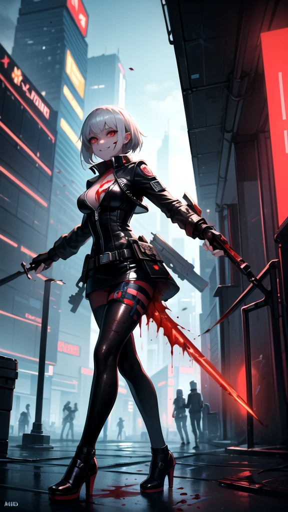 Anime girl with sword in the city with buildings in the background, badass anime 8 k, female action anime girl, estilo anime 4K, menina de anime cyberpunk feminino, Artgerm extremamente detalhado, garota anime cyberpunk, Modelo IG | Artgerm, por Yang J, arte cyberpunk anime, portrait of a female anime hero, arte digital do anime cyberpunk