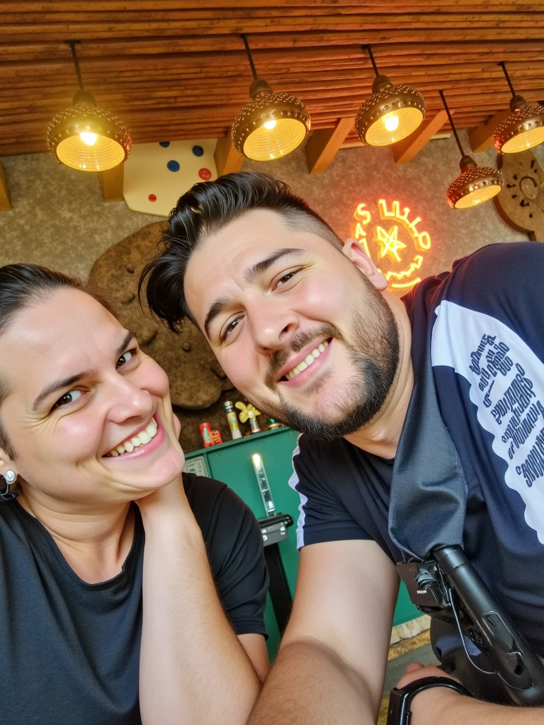 An illustration of an adorable couple, Destacando um homem e uma mulher com beleza, Expressive eyes – man is bald with brown eyes, While the woman's hair is tied up in a bun and blonde. They are a bright space, Todos com um sorriso no rosto, e compartilhe um momento especial, That is marked by love, viagem, and pedagogical insights. Ilustre esta cena a partir de uma perspectiva, where they're facing away from the camera, Show Your Connection. Desenvolva esta arte em Full HD, Focus on your cinematic touch, Estilo Disney Pixar Animations