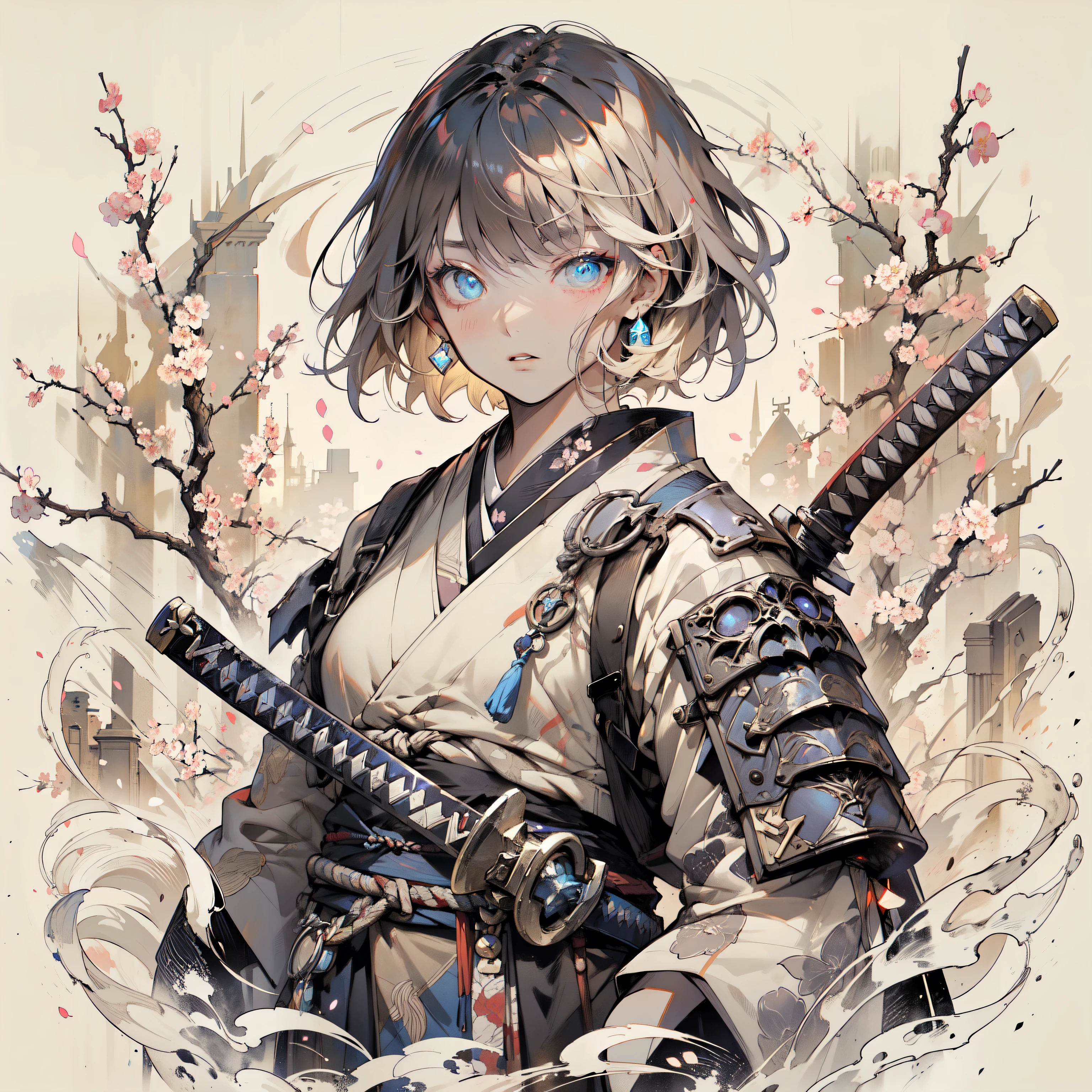 An female warrior with short ombre hair and soft bangs. She wears a a modernized battle kimono. Her eyes glow faintly blue with determination. She holds a wrapped katana in one hand. with blends cherry blossoms with gothic ruins, standing amidst a flame whirlwind of doodle-style, limited color palette (e.g., sepia, black, and white with a touch of blue), intricate line art, and anime aesthetic
