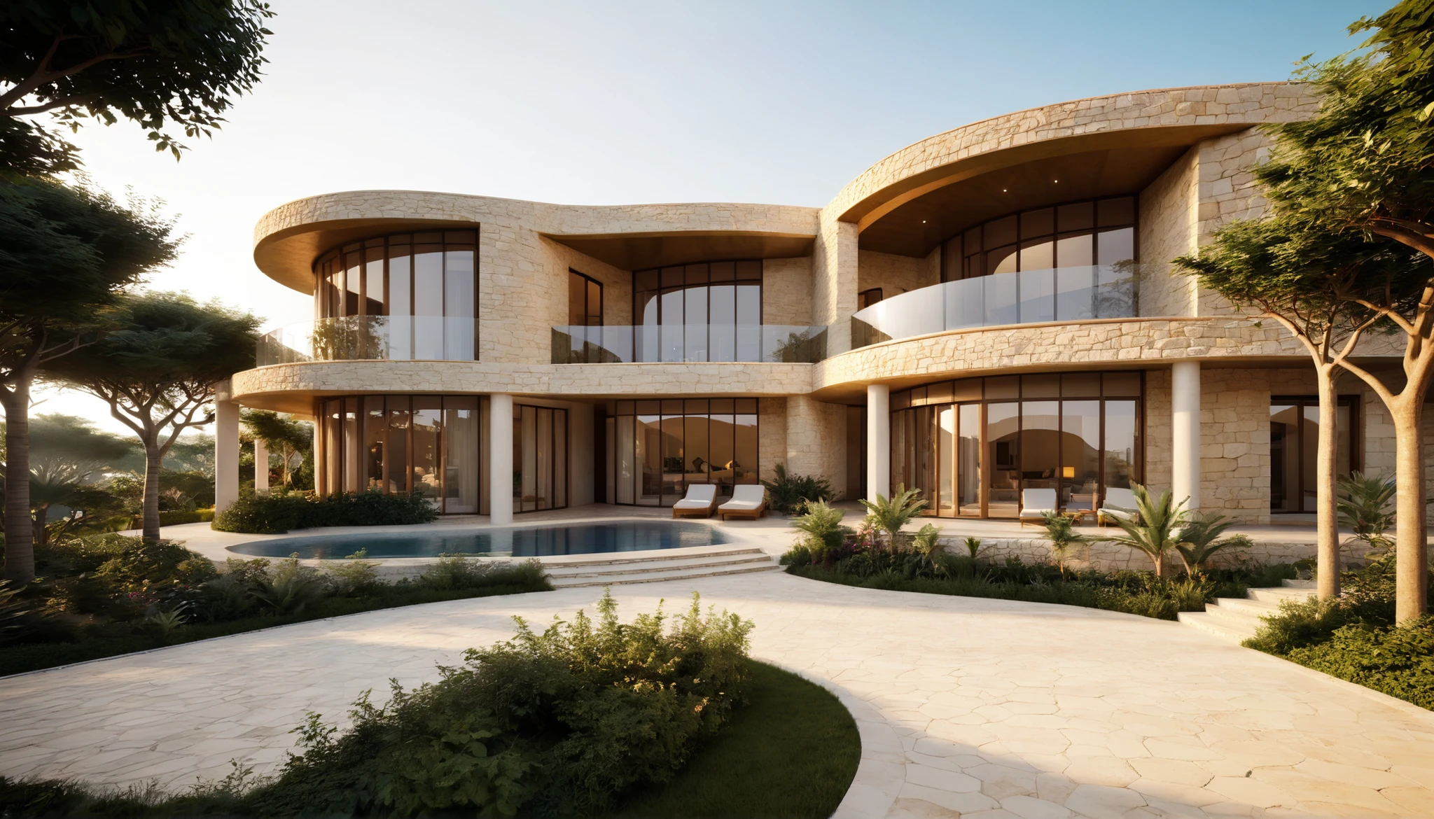 Creat architectural concept for a two-story resort villa-homestay with a modern Mediterranean style. The first floor features three separate rooms designed exclusively for couples. The design emphasizes a fluid, curved floor plan with soft, graceful curves that merge seamlessly with natural surroundings. Exteriors and interiors combine stone cladding with natural wood accents and raw, rugged materials for an organic yet refined aesthetic. (--ar 16:9, photorealistic, ultra-detailed, 8k render, golden hour lighting, soft shadows, Mediterranean garden)