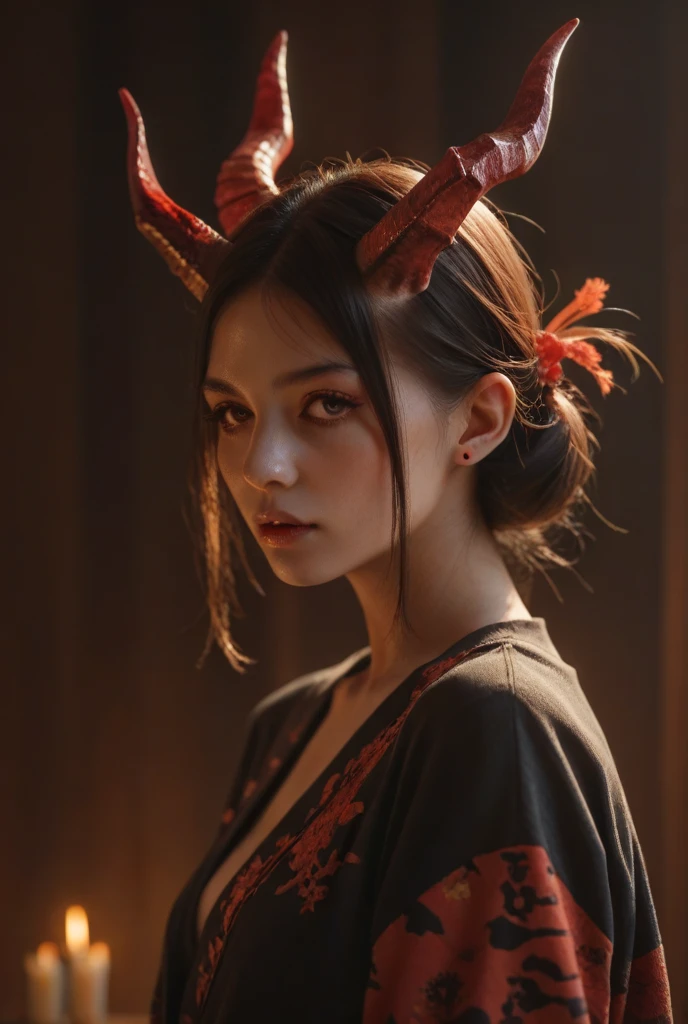 (masterpiece, best quality:1.2), intricate details, blood moon evelynn, 1girl, oni horns, japanese clothes, choker, cleavage, hair ornament, mask