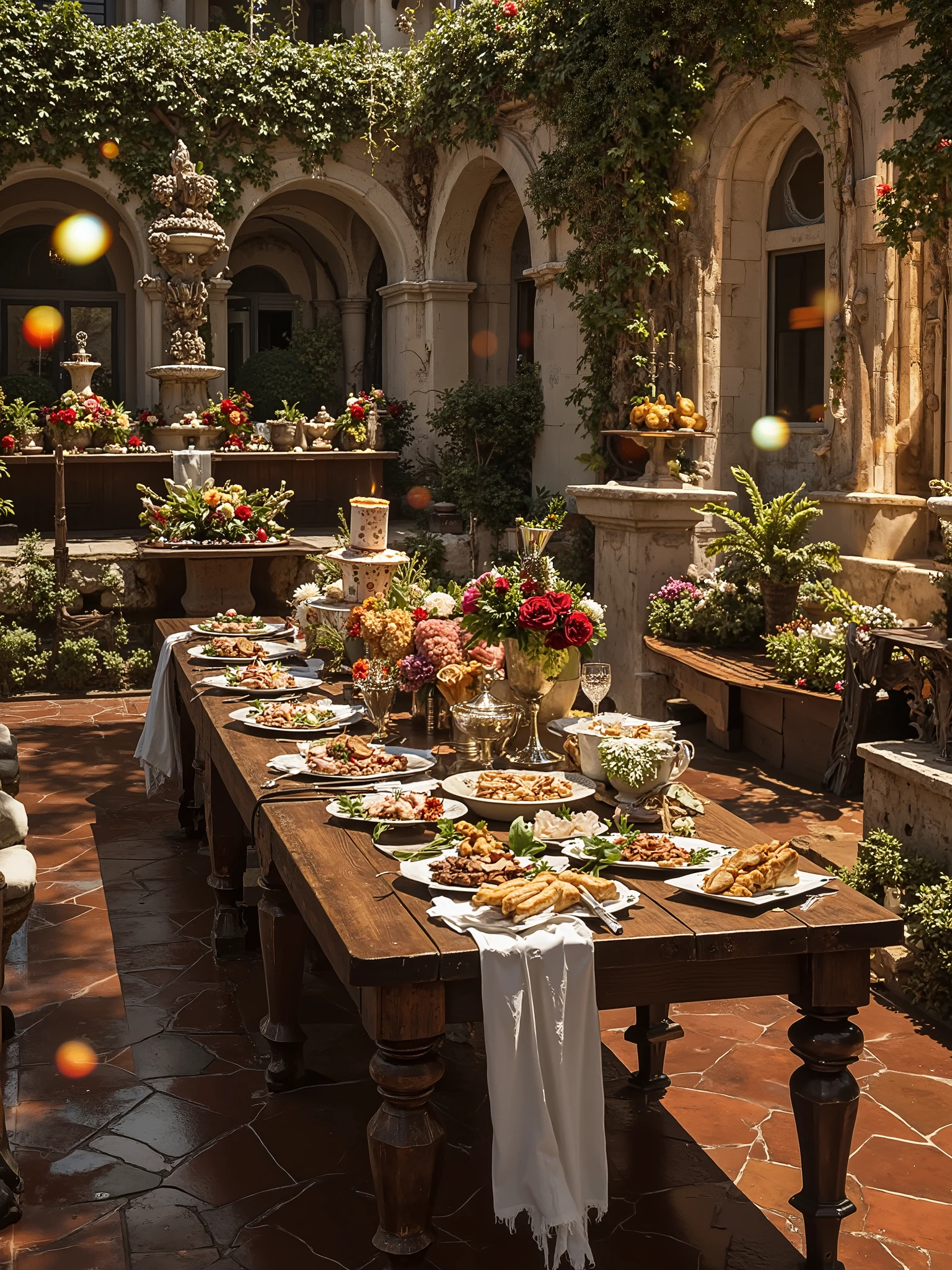 chic and magical wedding party hall with several luxurious tables and unlimited food on a large table, full of sweets, chicken, and next to a wine fountain illuminated by magical lights and with walls of dense white trees, beautiful nature design night venue, wedding party, luxurious hall