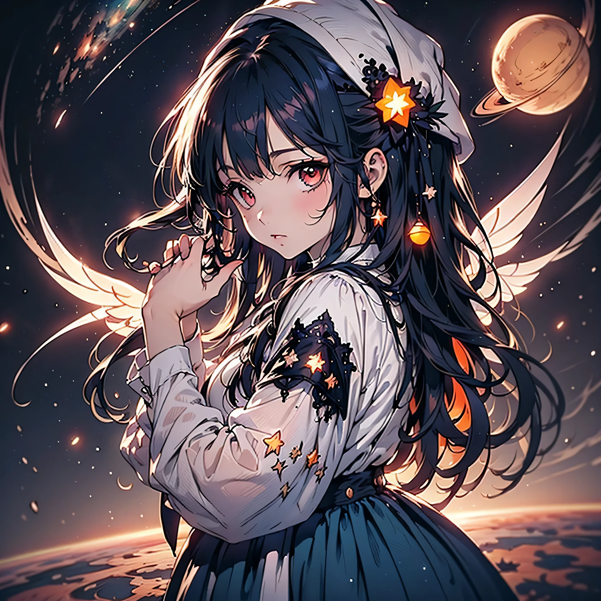 character design sheet、facing the viewer、girl, cute, masterpiece, many decorations, high quality, very detailed, 8k, background design, long hair, straight hair, bangs, gothic, frills, lace, traditional patterns, star fairy, small wings, milky white and blue gradient hair color, unique and cute hairstyle, gothic ta kimono, long sleeves, flared cuffs, deep navy and orange space patterned clothes, star-themed magic wand, long boots, sky blue image color, Neon Color Palette, character design, space, meteor shower, stars, shooting star, celestial bodies, rainbow, milky way, multicolored gradient eyes, star-shaped beret