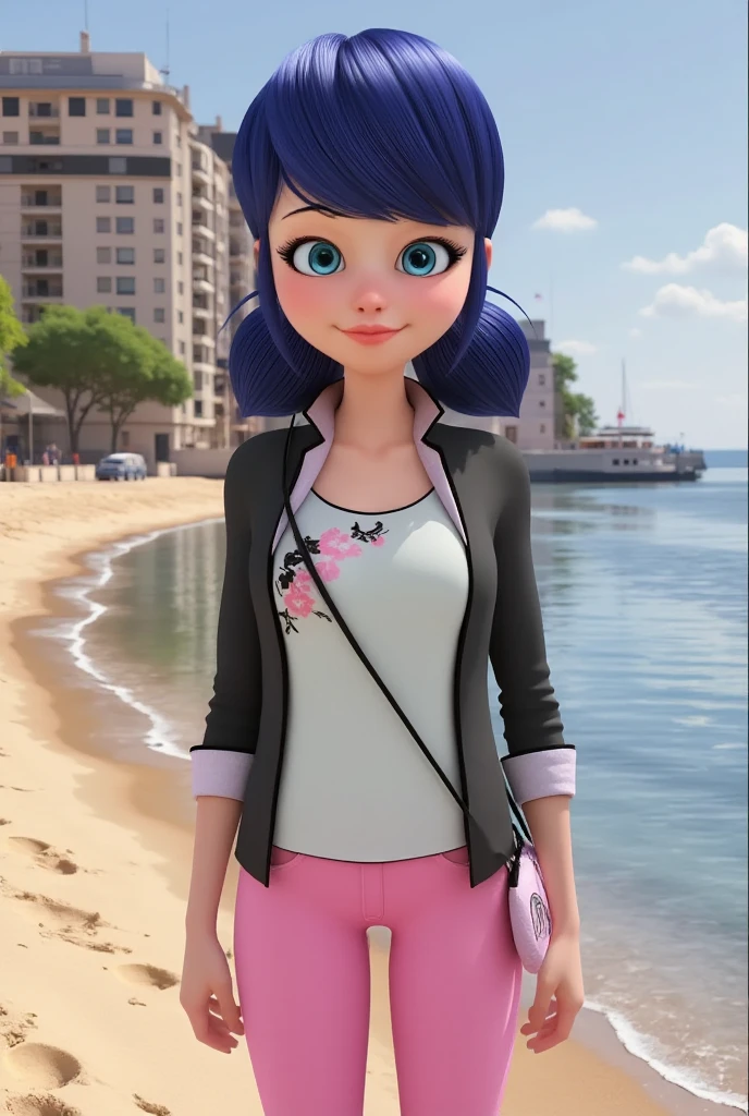 (8k, Foto RAW, La mejor calidad, Obra maestra:1.2), (Detalles intrincados), ojos perfectos, Cara perfecta, Perfect lighting, Beautiful, (Obra maestra:1.2), (La mejor calidad:1.2), 1girl, solamente, Marinette, cabello azul, ((Pelo largo hacia abajo)), torso, 17 years old, leve sonrisa, Medium-sized breasts, (Camisa blanca sin mangas, pink sweatpants), Disparo de vaquero, 3dmm