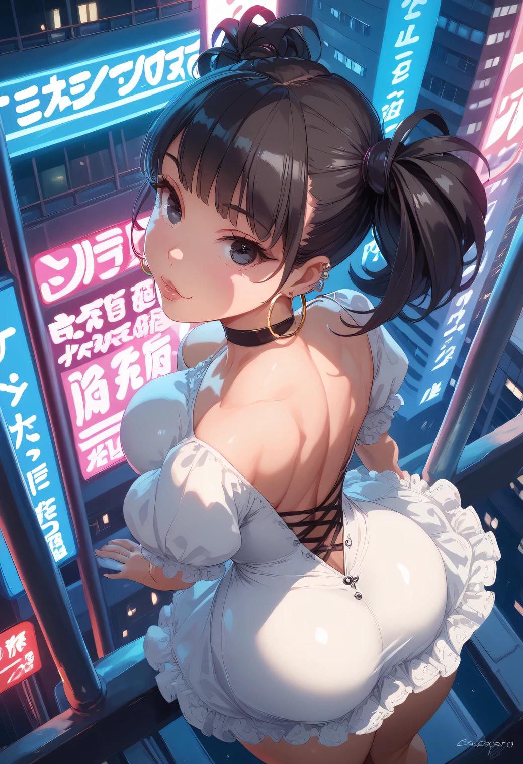 maid girl,(((1girl))),((anime maid girl with extremely cute and beautiful black hair walking seductively down the street)),

(large breasts:1.4),bountiful breasts,fluffy breasts,H cup bust,bust up,bulging bust top,(((black bob hair:1.35,colored inner hair,short hair,ear breathing))),((heterochromia,eye1 blue,eye2 purple,perfect eyes,upturned eyes:1.3,beautiful detailed eyes,finely detailed beautiful eyes:1,big highlight on eyes:1.2,slanted eyes)),((fat)),(((lustrous skin:1.5,bright skin: 1.5,skin tanned,shiny skin,very shiny skin,shiny body,plastic glitter skin,exaggerated shiny skin))),(spider lower abdomen,narrow waist,wide hip,athletic body,inflated legs,delicate detailed fingers,detailed body,detailed arms,human hands,(detailed face)),

cute,slutty,seductive,erotic,(((nsfw))),

zettai ryouiki,(maid headdress),maid uniform,Headdress,(maid),sleeveless,mini skirt,boots,cleavage cutout,bare legs,clothes with a lot of lace frills,(detailed outfit,detailed clothes),

(dynamic pose:1.0),solo focus,embarrassed,blush,sweat,((tears,open mouth)),moist eyes,centered,scale to fit dimensions,Rule of thirds,

outdoors,((night view)),(very pretty city neon synthwave,cyberpunk night street Background:1.5,dark sky,thick clouds),future vehicles,((neon lights)),thick clouds,(cyberpunk style,neon lights, (synthwave theme background), lonely street),(((detailed background:1.25))),

(best quality),(high resolution),(sharp focus),(ultra detailed),(extremely detailed),(extremely high quality artwork),8k_wallpaper,(extremely detailed CG 8k),(very fine 8K CG),((hyper super ultra detailed perfect piece)),flawless,(((masterpiece))),illustration,vibrant colors,(intricate),High contrast,Selective lighting,Double exposure,HDR (High Dynamic Range),Post-processing,Background blur,