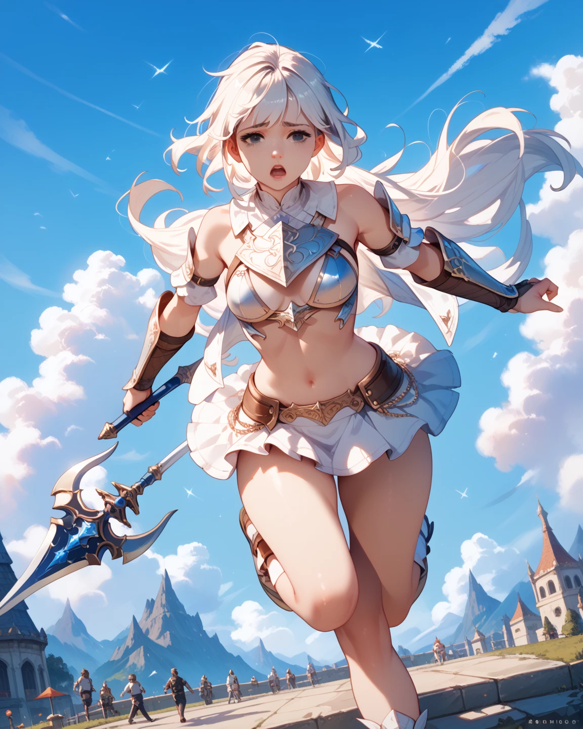 ((4k,masterpiece,best quality)), maxiskit, dress conservatively 1 girl, solo, full body, wide shoot, standing, holding sword down, white hair, long hair, elf ears, Valkyrie, armor, angel, white bra, side bang, from front, extra size body, night, mountain, look at viewer