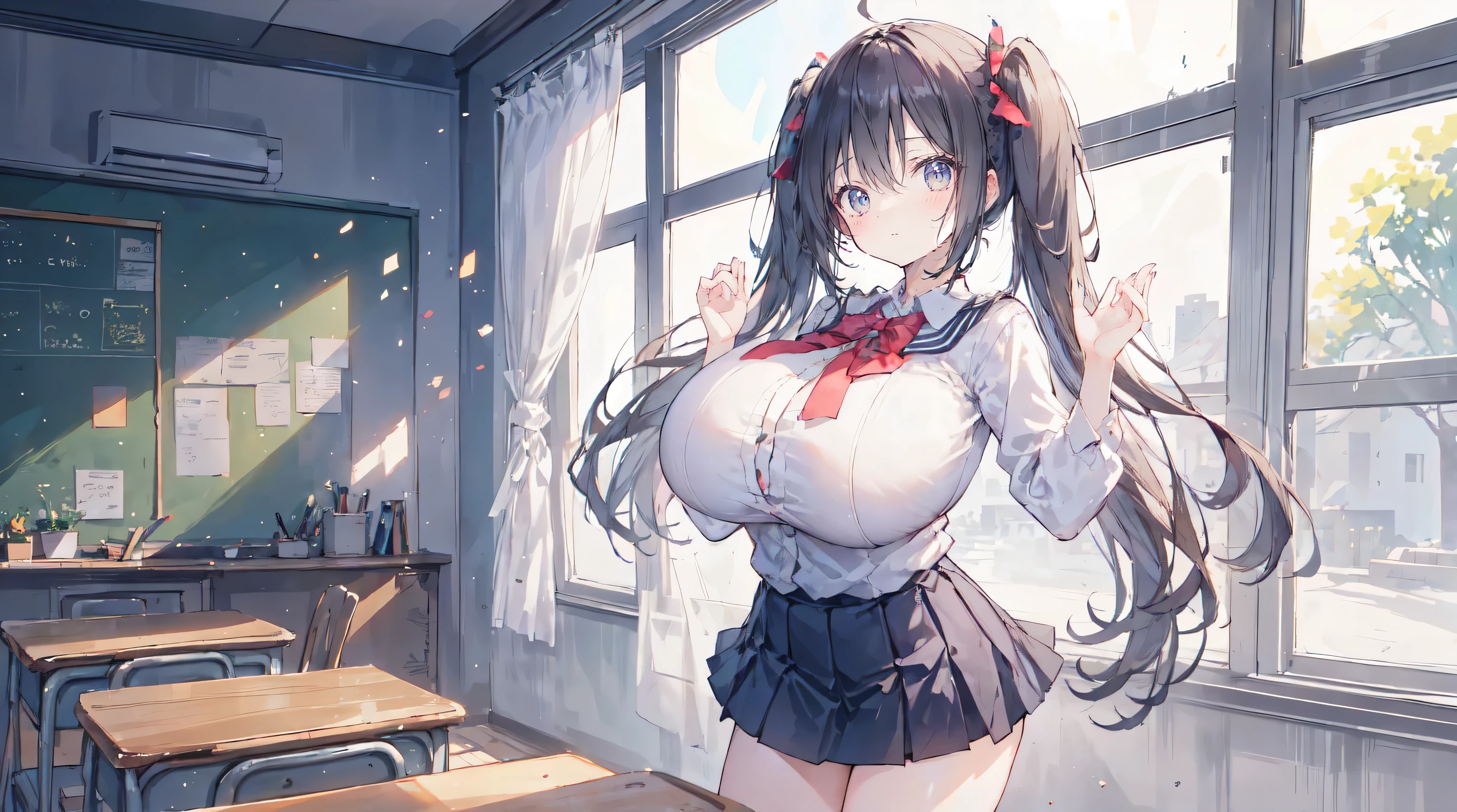 ((gigantic breast))),(miniskirt),(school uniform),(standing),(((very young girl))),raise both arms,,side viewstanding,naked,Classroom View ,beautiful eyes,beautiful eyes,detailed face, 8k resolution,HD,beautiful illustration,ultra quality,twin tails,