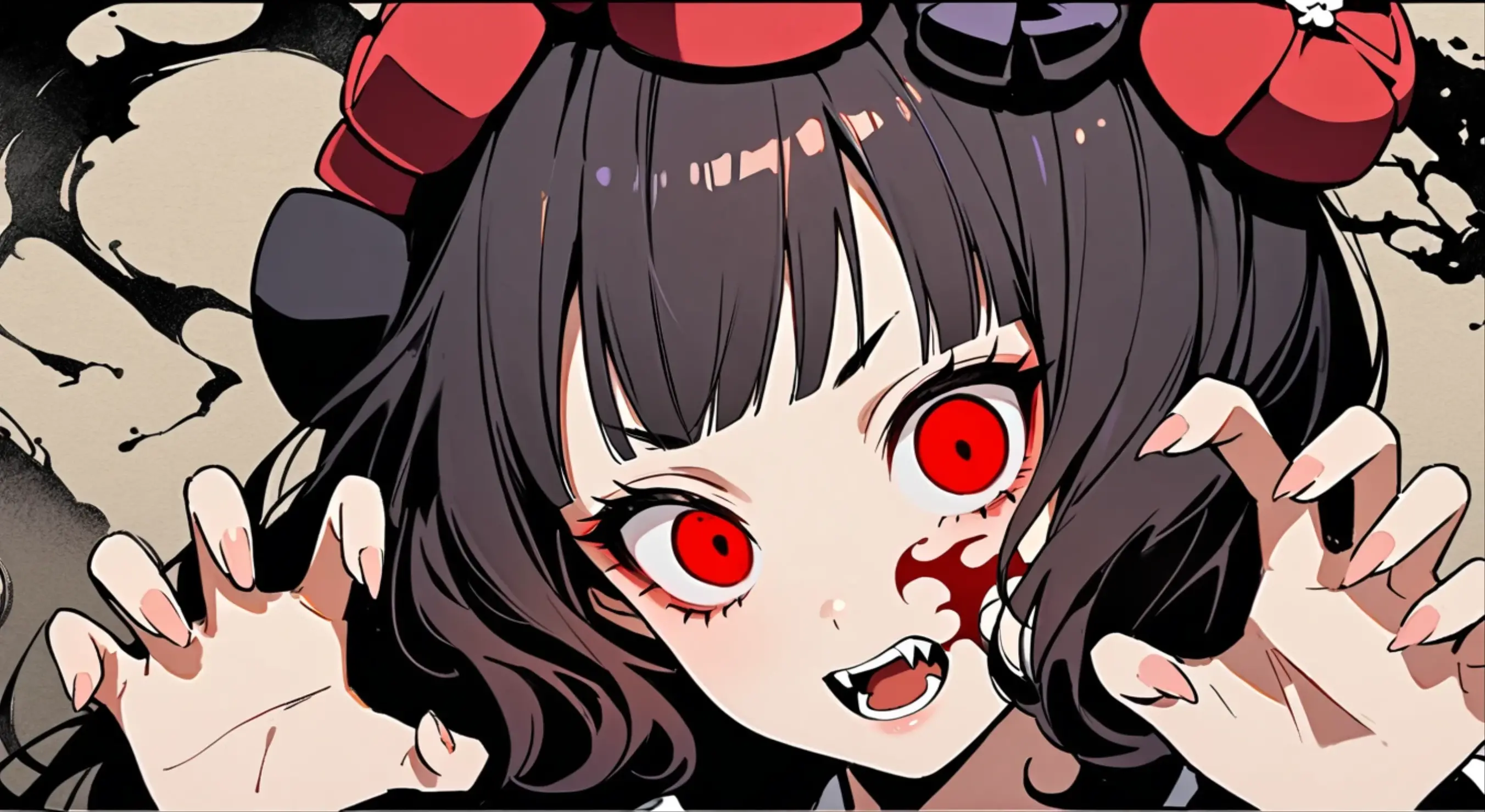 (((Horror elements))), (((TATOO on the face))), (((claw pose))), (((Highest quality))), (((Katsushika Hokusai))), (((Ink Painting))), ((very straight longhair)), ((1 girl)), ((Eyes glow red)), ((A beautiful girl possessed by a demon and showing her fangs)), Japanese style headphones, Black Hair, Delicate and precise, Modern ukiyo-e style, head shot