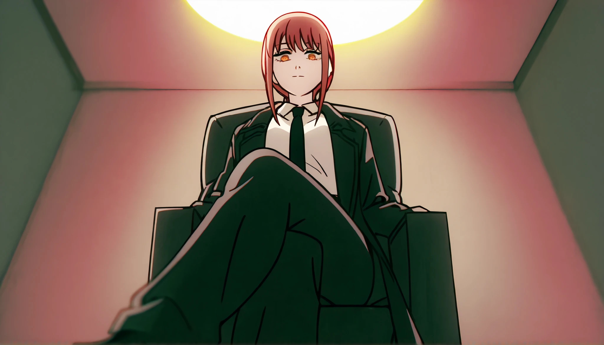 masterpiece,best quality,official art,extremely detailed CG unity 8k wallpaper,makima,wear the suit overcoat,wear the white shirt,面无表情,looking down from below,crossed legs from chair