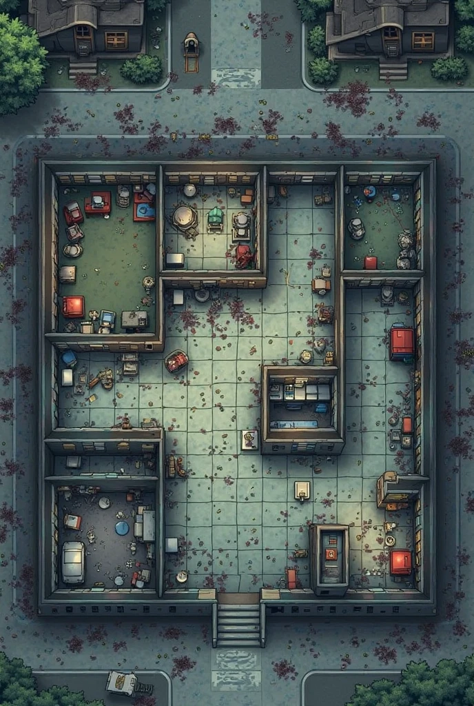 CREATE A POLICE STATION MAP IN A ZOMBIE APOCALYPSE FOR RPG WITH GRID