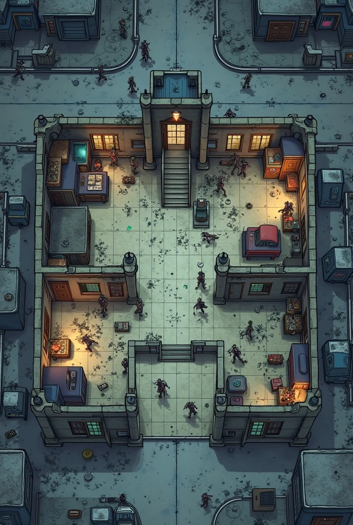 CREATE A POLICE STATION MAP IN A ZOMBIE APOCALYPSE FOR RPG WITH GRID