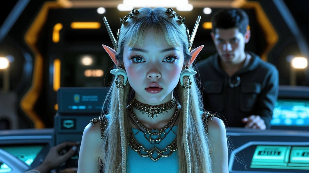 masterpiece, Highest quality, Highly detailed CG Unity 8k wallpaper,((so beautiful８Year old Nordic girl, whole body)), ((Bedroom inside the spaceship)), Elegant long wavy blonde hair, ((Small breasts, Pink nipples, Self-illuminating skin)), ((A revealing black-on-white military uniform, Geometric Circlet)), (((Long pointed ears))), (Sweaty and wet white skin), (blush), , (Captivating smile), (Perfectly symmetrical and cute face), Detailed eyes, Key Art, intricate detail realism hdr, Photorealism, Hyperrealism, Ultra-realistic, Dramatic Light, Strong Shadows, Nice views, Depth of written boundary
