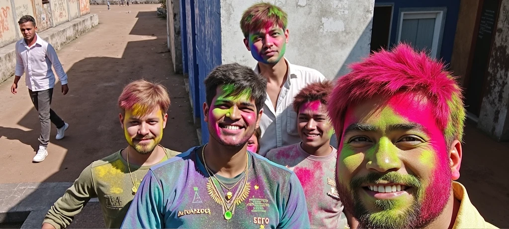 Photo of Mukesh, a young boy, (Raw, Solo), (Smiling:1.2), (Detailed face:1.2), ((Dark complexion:1.3)), ((Realistic skin texture)), wearing a white dress shirt and pants, (Holi festival:1.2), stim background, Detailed background, (Bright light:1.3), jiveeka, a girl, (Raw, Solo), (Seductive smile:1.2), (Detailed face:1.2), ((Fair complexion:1.3)), ((Realistic skin texture)), dressed in a black saree, Holi festival:1.2), blurry background