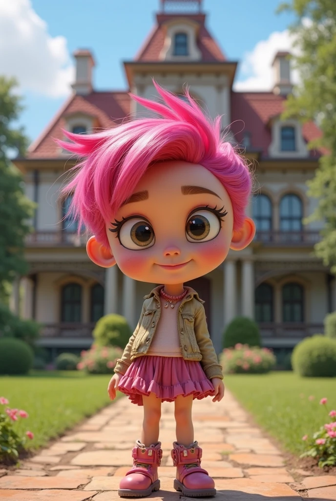 a lovely girl , has pink hair , Dress in school clothes, Wear a pink backpack on your back, Wear white shoes