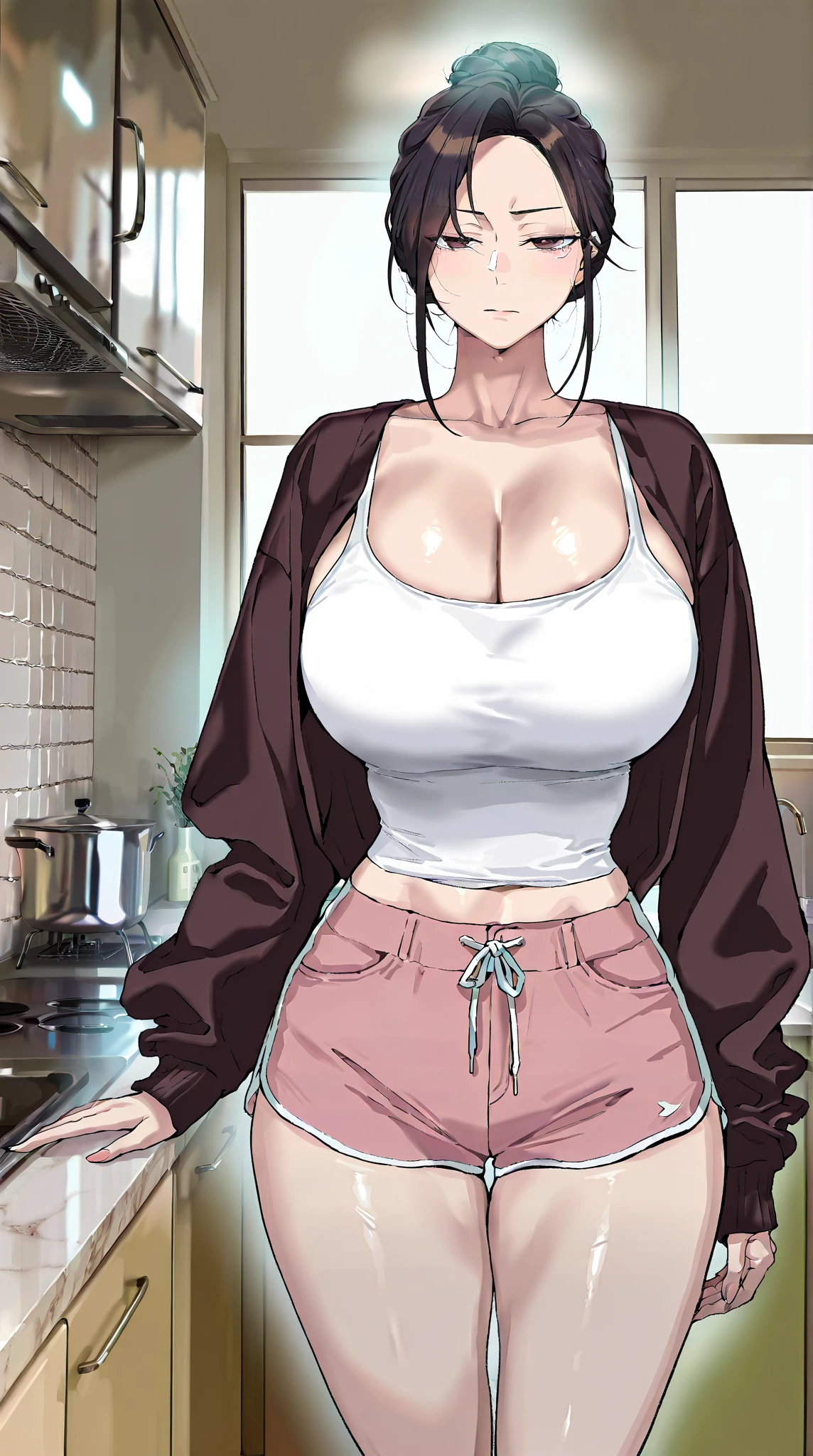 (masterpiece, Highest quality, Semi-realistic:1.3), hope, Mature Woman, (Full Body Shot:1.05), (pink Tank top:1.2), Tank top, Yoga pants, Tight clothing, One girl, Mature Woman, Curvy, Are standing, Sexy pose, Big Ass, (blush:1.05), short hair, Black Hair, Purple Hair, Bare shoulders, lips, Cleavage cutout, Huge breasts, Perfect body, Perfect Eyes, Anime Eyes, eye shadow, Perfect Face, (shy:1.1), Rooms in the house, Window Sky, Sharp focus, Professional artwork, Intricate details, Vibrant colors, Vibrant colors, Diffuse lighting, Digital Blending, Super-detailed body, Super detailed hair, Super detailed face, Topics on pixiv,