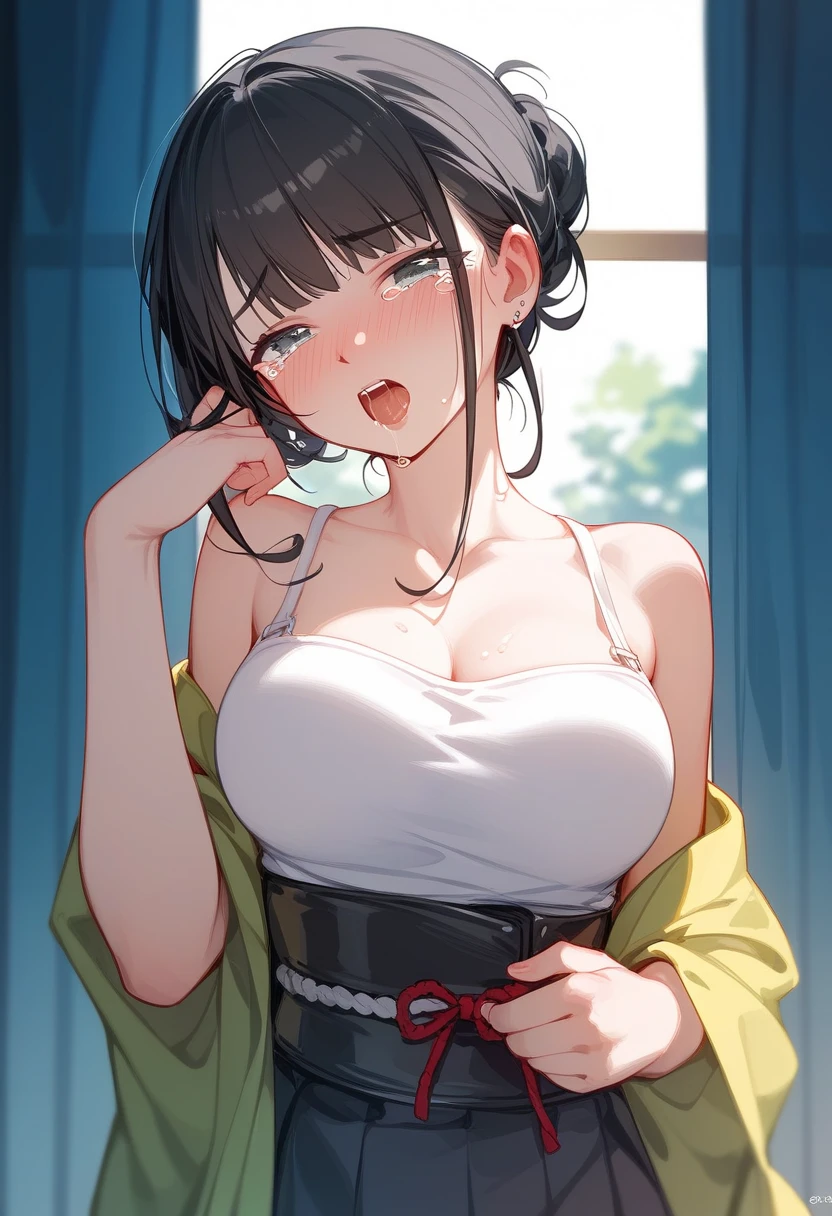 ((highest quality、muste piece、High resolution))、(((Zoom photo from above:1.95、15 years old、Yukata beauty、cute smile:1.5、blush:1.5、white liquid:1.5、、Bukkake:2.5、Bukkake、wet body:2.5、wet body、wet hair:2.5、wet hair、big breasts、cleavage、black hair、inwardly curled hair、Summer festival)))