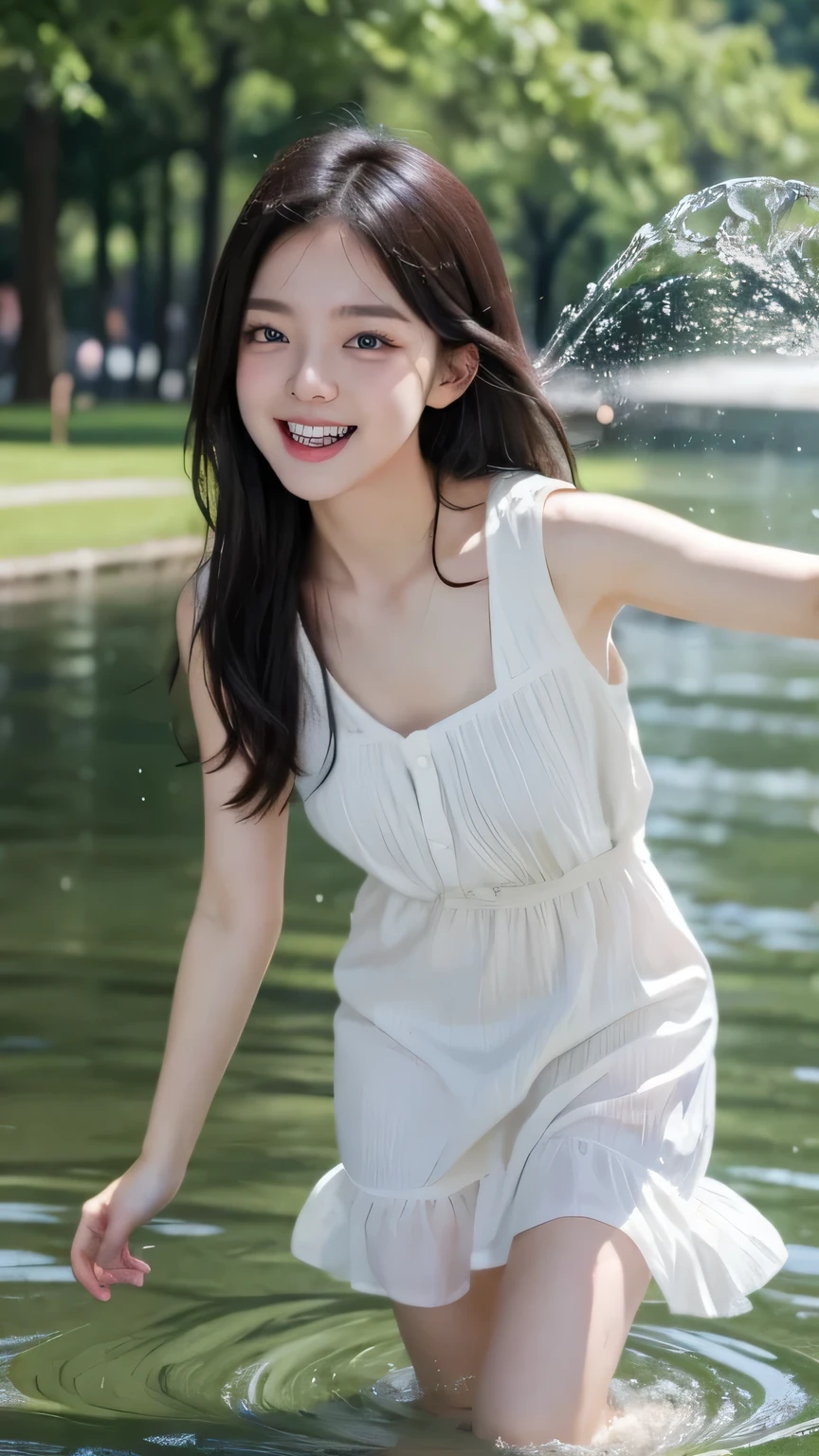 of the best quality、high definition、high image quality、masterpiece、detailed background、Water place in the park where the spring sun shines down、Girls in white sailor dresses playing innocently while splashing water、A dress with clear laughter and wind、Ripples spreading underfoot and shimmering water droplets、A scene full of spring freshness and pure fun、cute