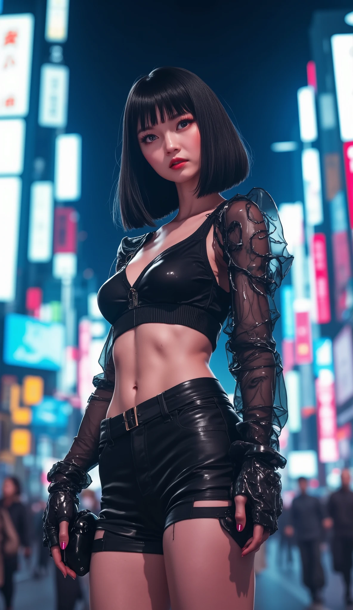 a beautiful Asian fan fatale woman with fair skin, bob hair with straight bangs, cute and sexy face with a seductive look, big eyes, delicate and well-shaped mouth, big breasts, thin but voluminous body, wide hips, thick shell, V-neck top, black mini shorts, 7/8 stockings with some tears, she is in a well-lit city at night, with blue and pink lights reflecting on her skin, without accessories on her arm.