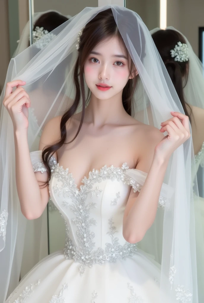 ((masutepiece、top-quality、8K、Highly Detailed and Complex Detail、The most complex and detailed textures、vivid、Super High Detail))、(Beautiful spring water in the background:1.5)、(Dresses that shine from the inside out:1.5)、((The most beautiful elven princess、elf princess wedding、elf bride、Take from the knees up、the most sacred wedding dress、The background is set in a complex and sacred forest、the most beautiful forest、The most extravagant and gorgeous forest、A wedding dress that shines from within、green and white wedding dress、The brilliance of a fairy tale、Fairytale atmosphere、Fantastical、The most intricate and sacred wedding dress、The most beautiful princesses in the world、Elves of God's Glory、Accurate reproduction of the details of the perfect elven princess、The most complex and detailed forests、Filled with Divine Light、Extravagant tiaras and necklaces、Fantastical、Overgrown trees々、A forest bathed in sacred green light、spectacular movie lighting))、((Most beautiful face,Half Japan and half Spanish、Beautiful smile、Beautiful wavy hair、The most luxurious and intricate dresses、Smile while staring at the camera、maternal、Chest that seems to burst、A dress that tightens the waist、Slimed,Colossal tits、Emphasize body lines))