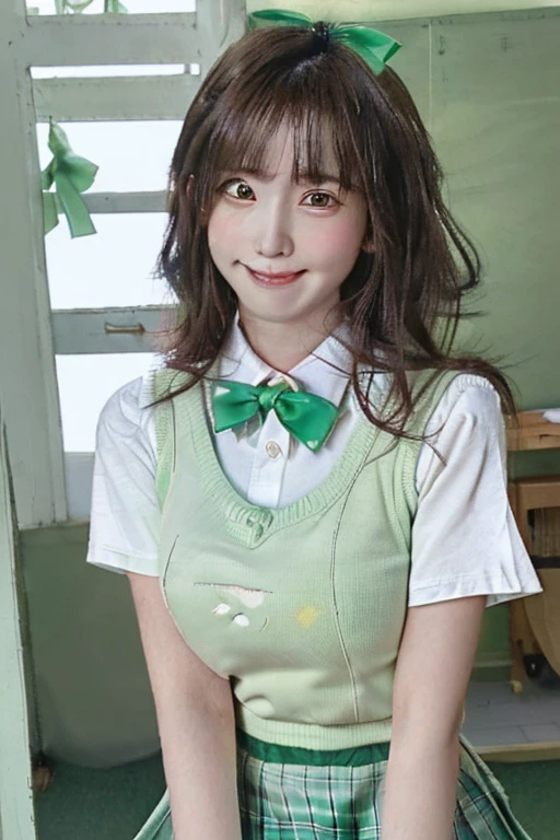 ((Ultra-high resolution)),8K,16 years old、Leaning forward to reveal cleavage、Small breasts, , Twin tails, Green mini skirt, White polo shirt、Small cleavage 2:1,Idol Sculpture, Wet, smile、Pink wall、sexy、slender、Shapely small breasts、I can see your thighs、