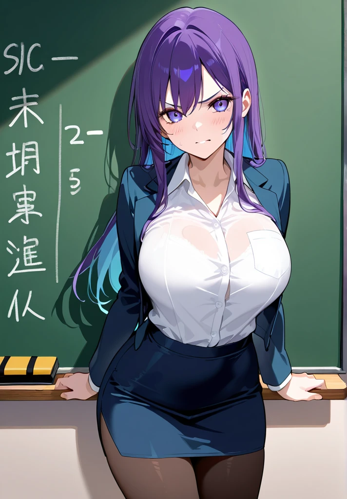 1 Cute naughty Assassin girl, Pastel colors hair, medium breasts, (Thighs, fishnet pantyhose, ninja costume, Shinobi costume), short hair, (dark blue hair:1.2), (naked:1.3), (forehead:1.2, bangs pinned back, asymmetrical bangs, hairclip, side ponytail:1,2), standard height, (Serious, Large eyes, yuruyuri), at the adventurer's guild, A bulletin board with posted paper