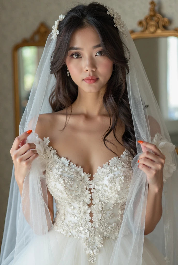 In the quiet ambiance of a first night romance, a beautiful bride stands with a seductive, yet slightly sad and worried expression on her face. The details of her enchanting eyes and delicate lips are exquisitely portrayed, catching the viewer's attention. Adorned with a see-through wedding dress, the fabric gracefully drapes her body, revealing her small breasts, which are tastefully presented. The deep V neckline of her dress accentuates her alluring charm. As the bride poses, her gentle elegance emanates from the masterpiece of this portrait. The image quality is of the highest standard, exhibiting ultra-detailed precision, capturing even the most intricate elements. The inclusion of realistic, photorealistic effects with a 1.37 enhancement further enhances the depth and authenticity of the artwork. This masterpiece is best appreciated in its full glory, with a resolution of 4k or 8k, capturing every subtle nuance and fine detail. The artist's skilled technique, akin to a professionally-shot photograph, skillfully utilizes studio lighting to accentuate the bride's grace and beauty. A soft color palette envelops the scene, enhancing the romantic atmosphere. The gentle play of light and shadows further emphasizes the bride's allure, creating a captivating ambiance. The overall composition exudes a sense of elegance and intimacy, inviting viewers to delve into the emotions and excitement of this first night romance.