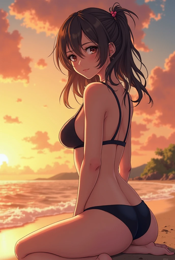 (masterpiece, best quality:1.2),1girl, (solo), Android 18 from Dragon Ball, ((stripe print, string bikini, paste bikini)), (all fours), medium breasts, blunt bangs, short black hair, (black eyes), earrings on earlobes, slim, slender feminine figure, skinny body, blush, sky, magnificent view, blur background, 4K, open mouth, beach, smile, (Sandy Beach), beautiful butt, side boob, sunset, cleavage,