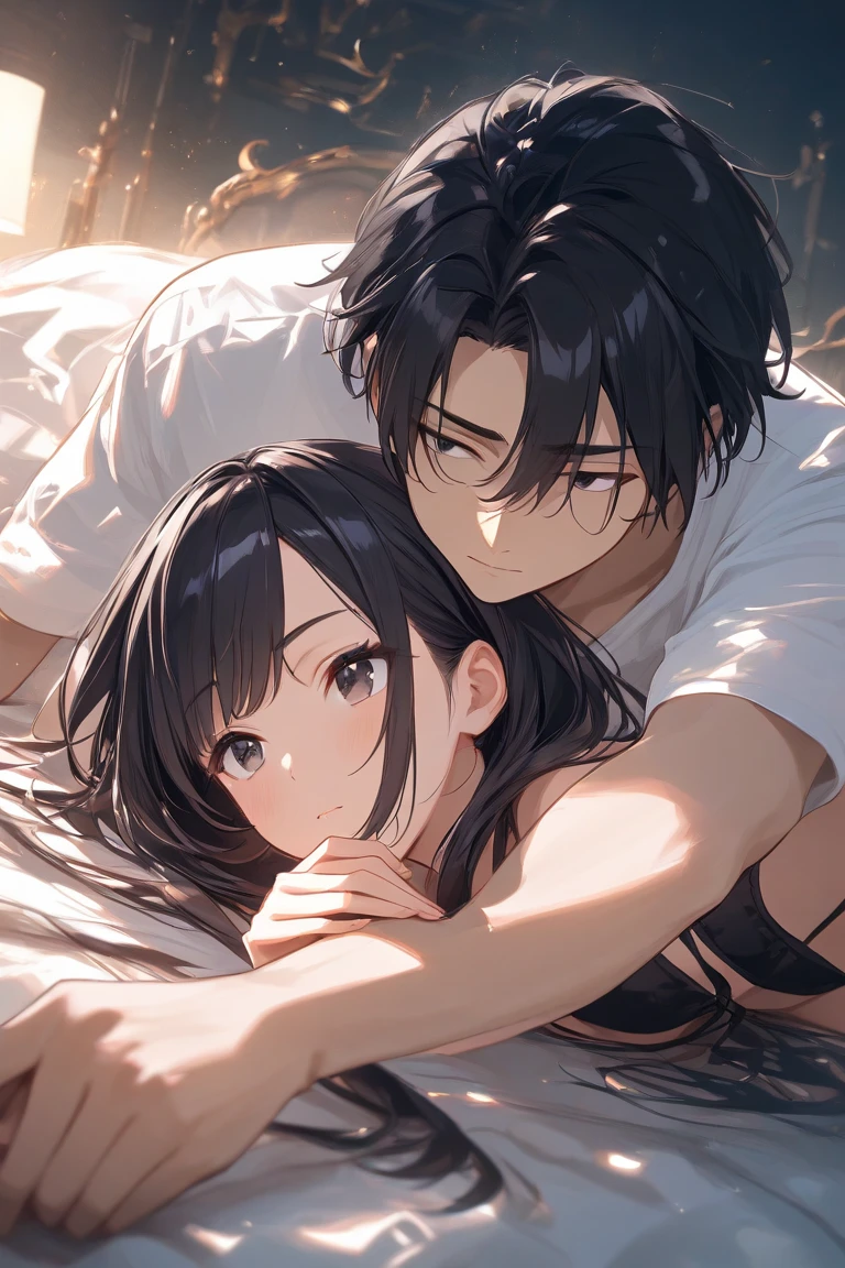 anime style depiction of a dark tan skinned girl clad in a bikini top and skirt, snuggled closely with a white handsome boy wearing a t-shirt, boy laying head head on the her stomach