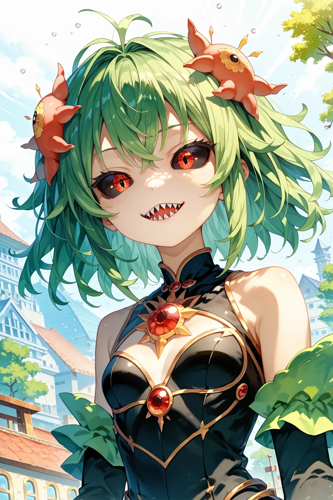 Foto de dibujos animados de una mujer con traje verde y rojo, Mujer humanoide insecto caliente, Estilo Guyver, sfw version, Ojos rojos, Escarabajo reploide, Cola de fuelle, cel shade adult animation, alien queen, Pose serpentina,